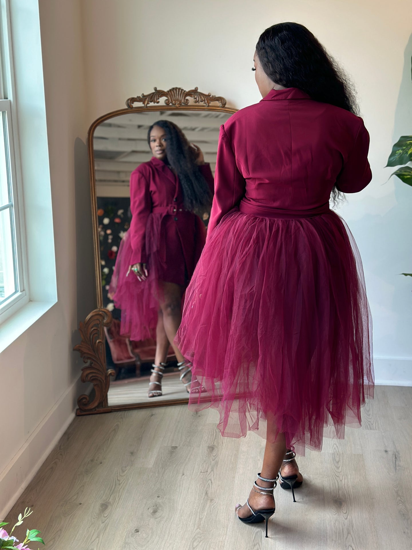 WINE WHISPER TULLE BLAZER DRESS