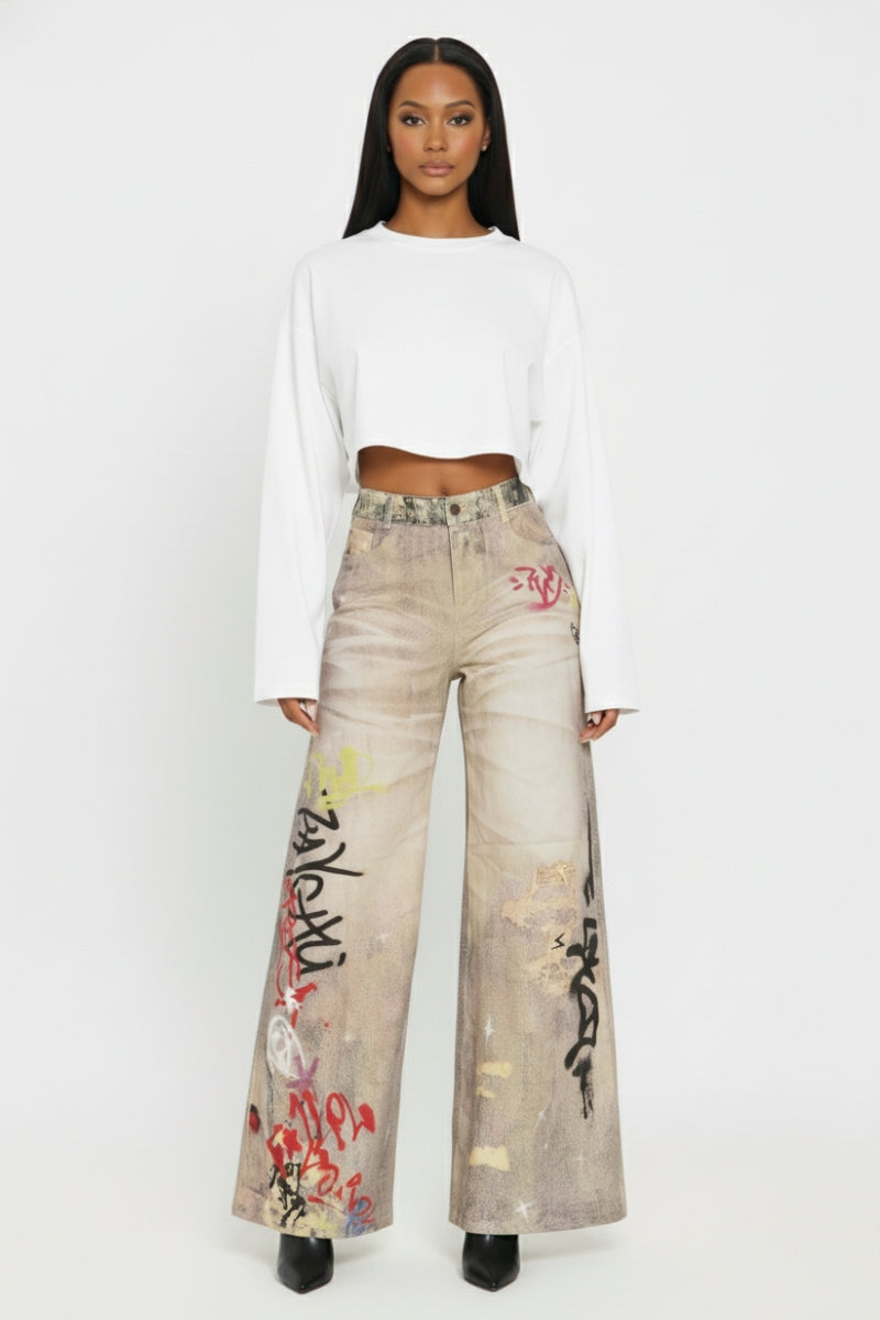 INK & DESIRE WIDE LEG GRAFFITI JEANS