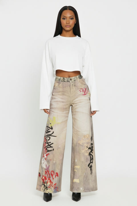 INK & DESIRE WIDE LEG GRAFFITI JEANS