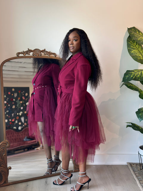 WINE WHISPER TULLE BLAZER DRESS(plus)